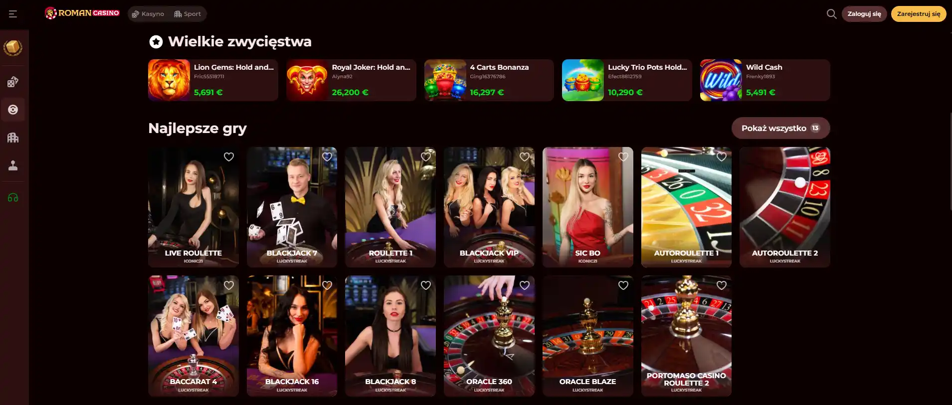 Sekcja live casino RomanCasino na polskiej stronie